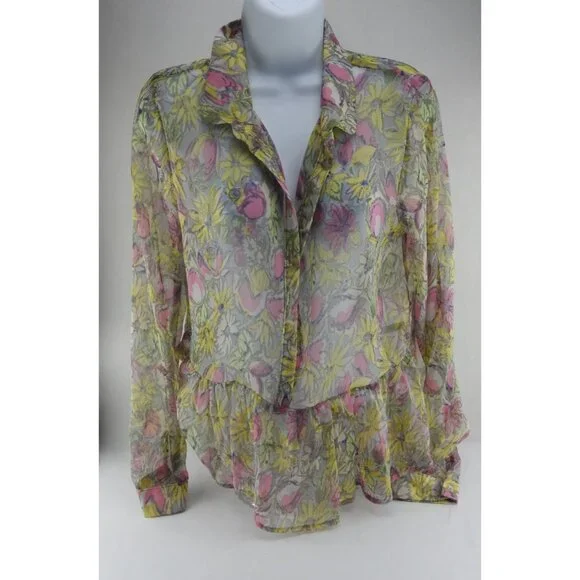 Vintage Lily White Floral Sheer Peplum Blouse Medium Made In USA Romantic - Picture 2 of 8